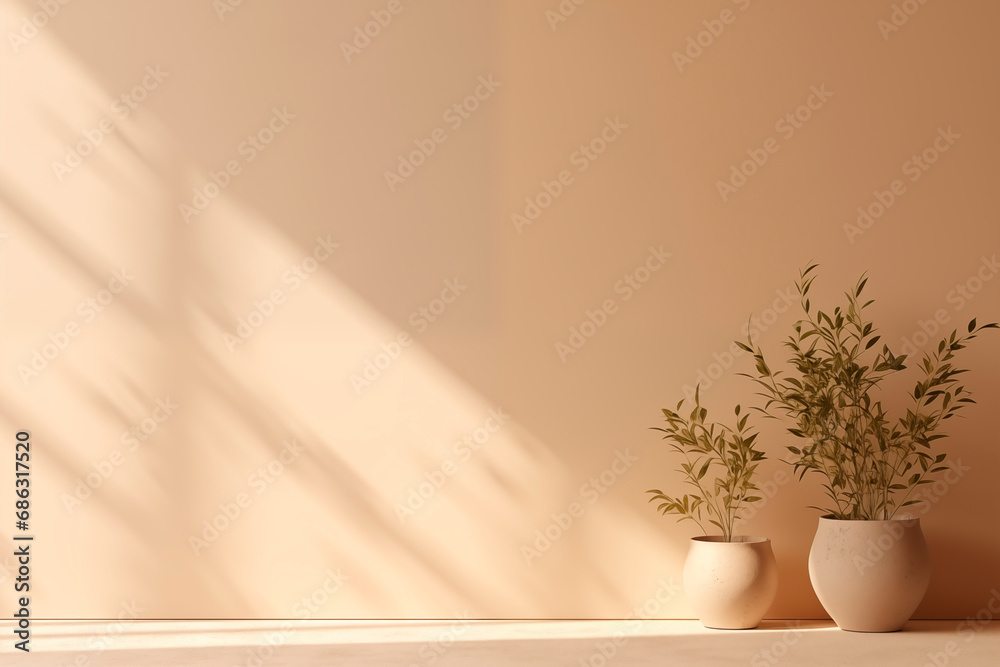 An indoor plant in a pot casts a playful shadow under soft natural light.