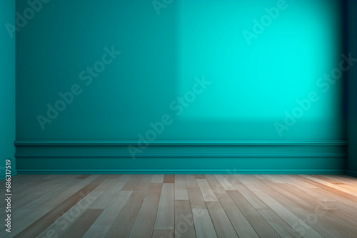 Blue gradient wall and wooden floor, soft lighting casting gentle shadows. © EricMiguel