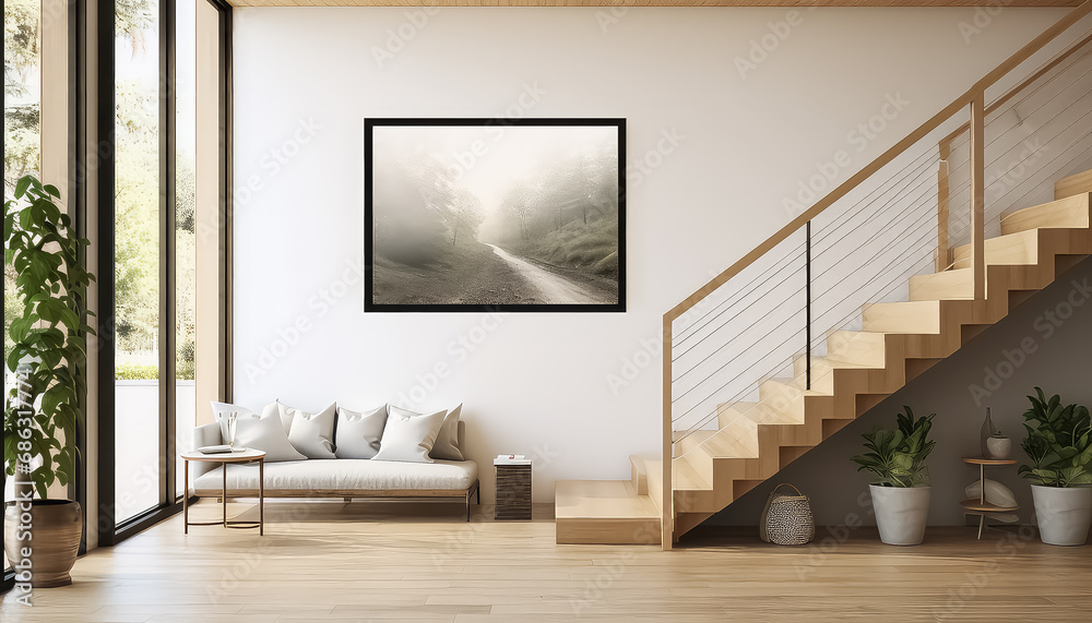 modern living room and stairs containing black metal - obrazy, fototapety, plakaty 