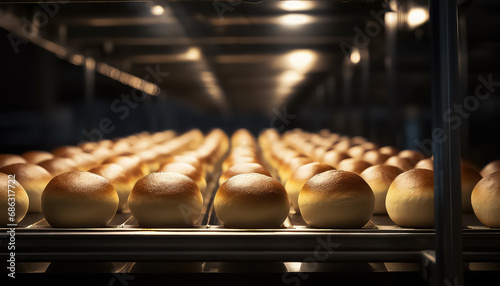 buns on baking rack on a conveyor belt in a bakery photo