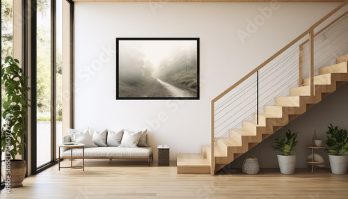 modern living room and stairs containing black metal photo