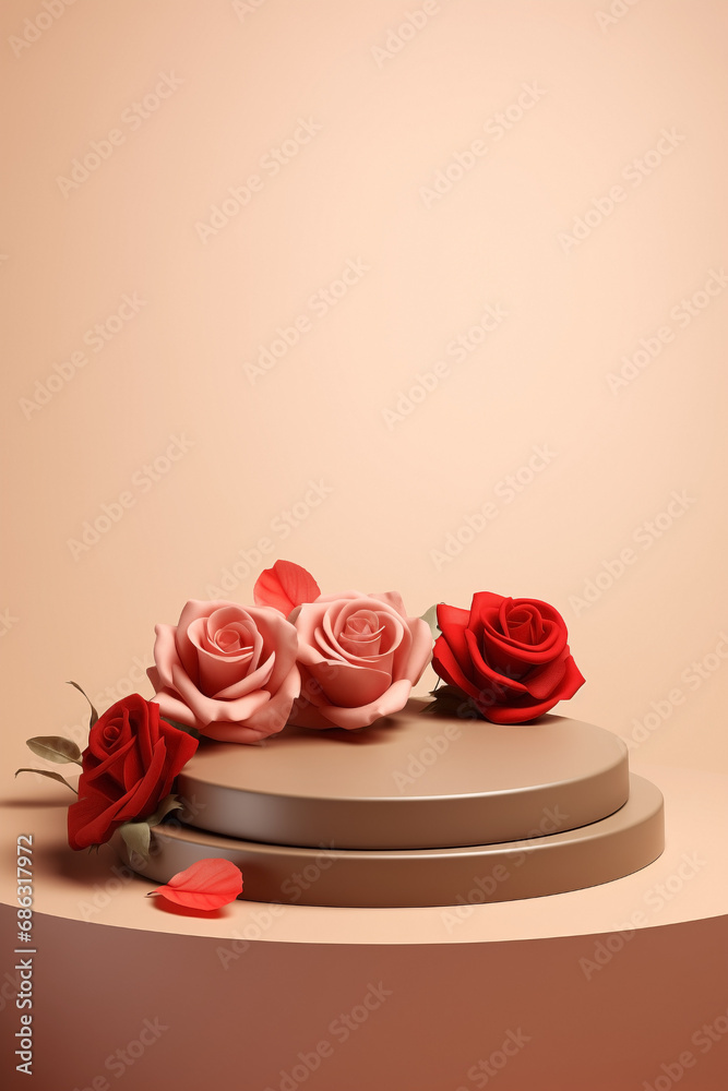 Pedestal for display of Valentine's Day product for showcase. Podium platform stand with roses for lovers day. Aesthetic display of beauty products. Pedestal for display of Valentine's Day product for showcase. Podium platform stand with roses for lovers day. Aesthetic display of beauty products.