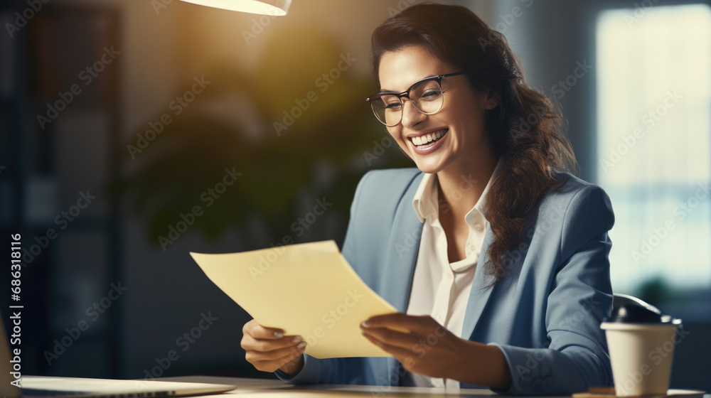 Woman at a desk in an office environment, attentively reading documents with a laptop open in front of her Woman at a desk in an office environment, attentively reading documents with a laptop open in front of her