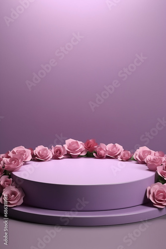 Pedestal for display of Valentine s Day product for showcase. Podium platform stand with roses for lovers day. Aesthetic display of beauty products.