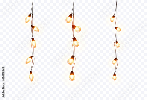 Lights bulbs set isolated on transparent background. Glowing vertical fairy Christmas garland strings. Vector New Year party led lamps decorations