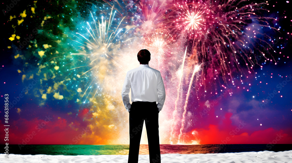 man stands on the beach at night, watching a spectacular display of fireworks in the sky, bursting in many colors over the ocean