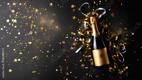 golden champagne bottle with ribbons and stars scattered around on a dark background, suggesting a festive celebration or a special occasion