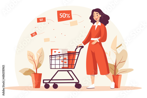  Young Woman with Shopping Cart - discount / sale illustration