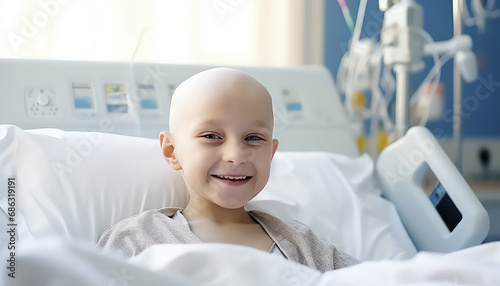 Bald child in hospital  being treated for cancer