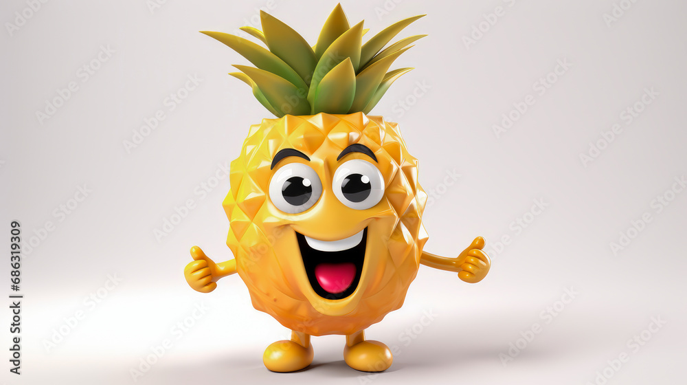 Pineapple with a cheerful face 3D on a white background. Pineapple with a cheerful face 3D on a white background.
