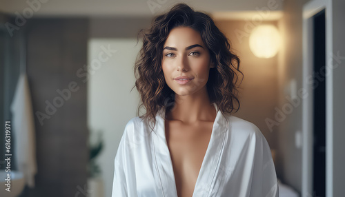 Beautiful woman in a bathrobe in morning time