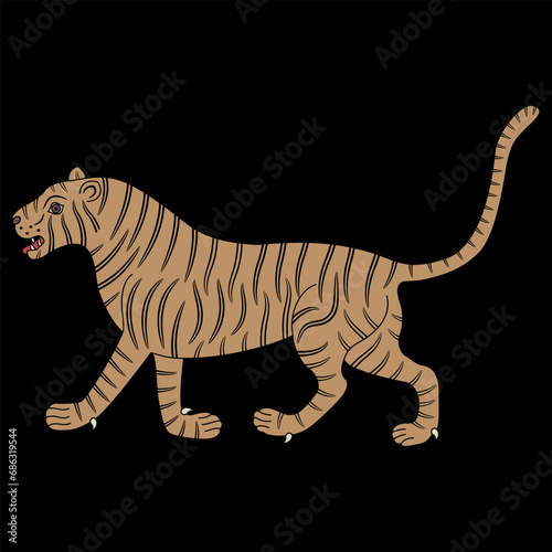 Walking tiger. Traditional animal design from India. On black background. © Olena