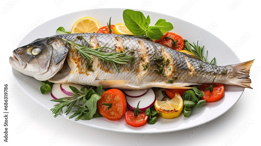 Baked or grilled fish platter with vegetables, tomato, lemon, mint. Mediterranean style trout with salad. A healthy lunch