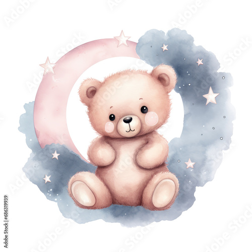 Cute teddy bear watercolor hand draw illustration on transparent background, png