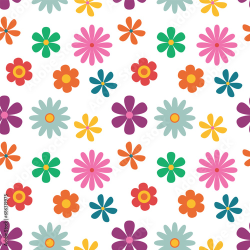 Trendy floral pattern in the style of the 70s with groovy daisy flowers. Vintage style. Bright colorful colors. Retro floral vector design y2k
