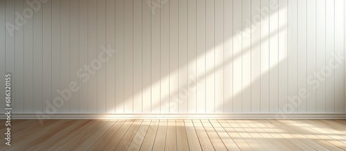 Minimal interior design background with a white room wood laminate floor and sunlit shadow on a light wooden wall panel ing