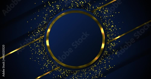 Abstract navy blue background with luxury golden elements. Golden circular ring over golden dust particle seamless loop motion gradient background.