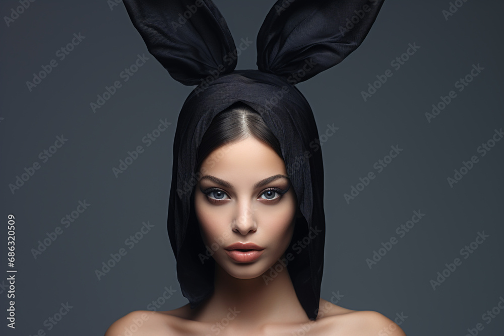 Beauty, fashion, style and make-up concept. Beautiful young woman with bunny ears studio portrait looking at camera. Minimalist style