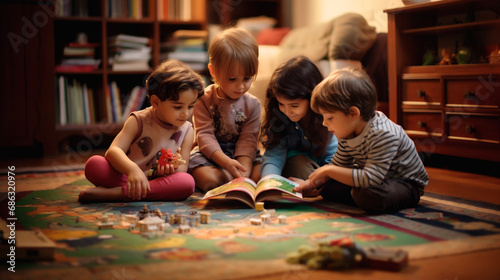 Photo group of small children playing games. Children watch a children's book together. A group of children in a room is playing on the floor.