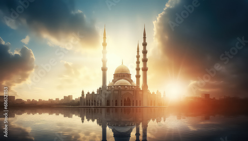 Islamic mosque with beautiful sky, ramadan concept