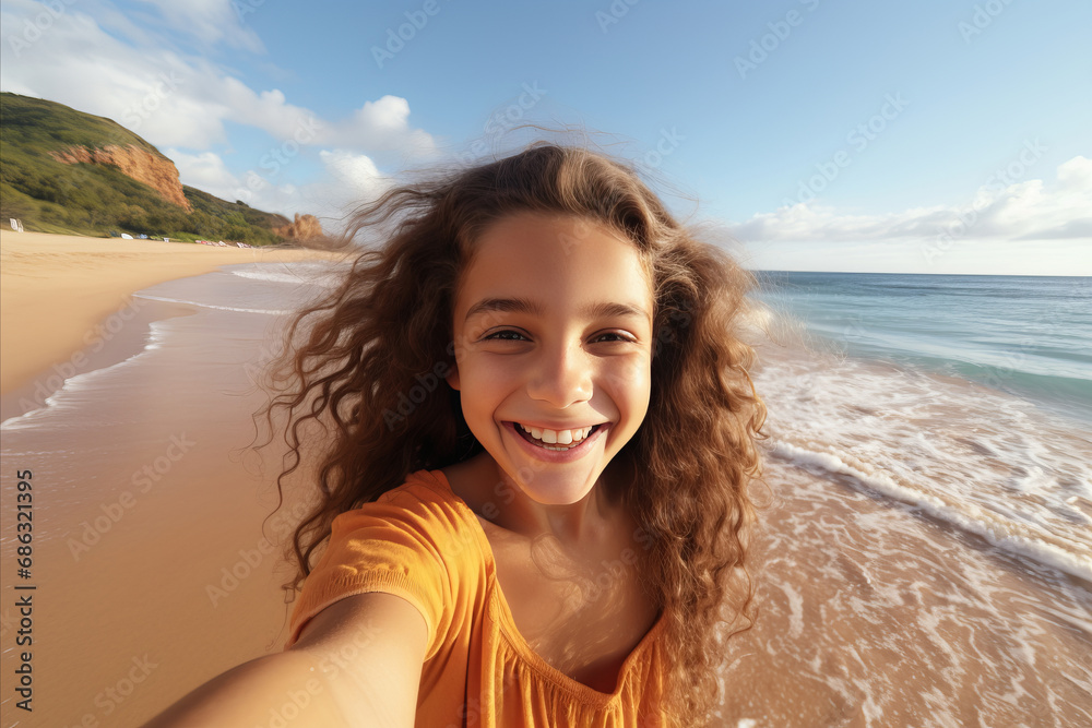 Happy smiling girl child taking selfie portrait on tropical beach Happy smiling girl child taking selfie portrait on tropical beach