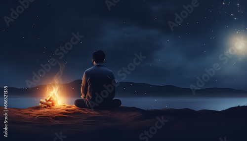 Bedouin man near fire in desert, Ramadan concept