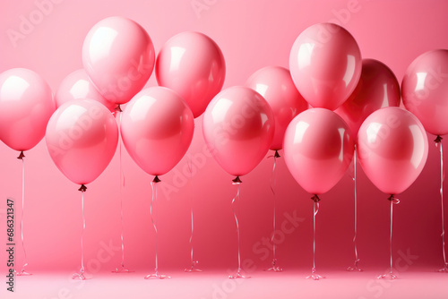Pink glossy helium balloons on pink background in the studio