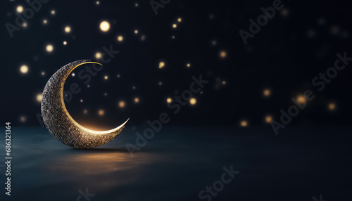 Glowing crescent moon on blurred background, ramadan concept photo