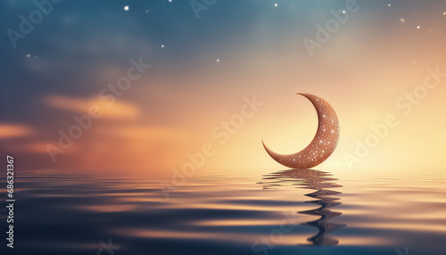 Crescent moon on the surface of the water on a blurred background, Ramadan Concept photo