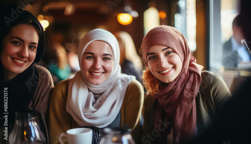 Muslim women sitting in cafe and having fun