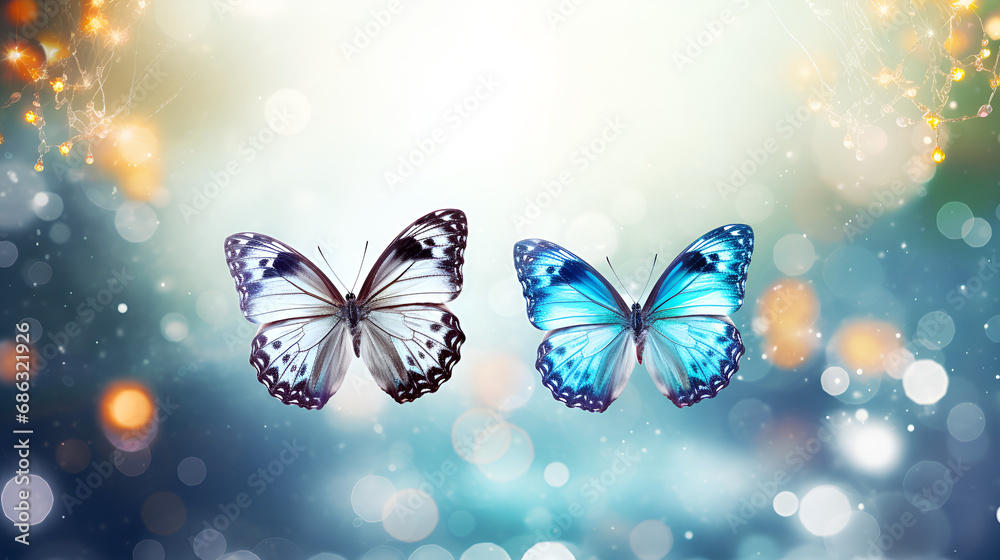 Whispers of Nature: Orange, Blue, Black, and White Converge in a Sublime Ballet, Three Butterflies Fluttering Amidst a Tranquil Blurred Blue-White Landscape generative AI