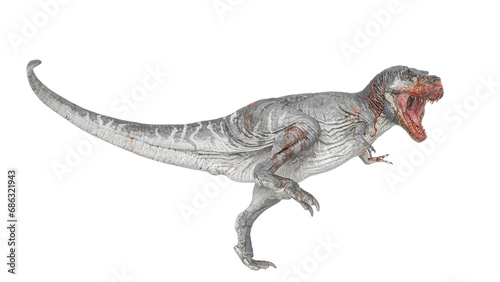 t-rex on blood is walking in white background
