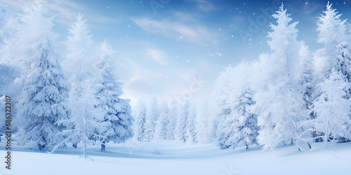 A Winter Symphony: Christmas Background Showcasing the Beauty of a Frosty Winter Landscape in a Snowy Forest, Under the Canopy of a Blue Sky and Sunlight generative AI