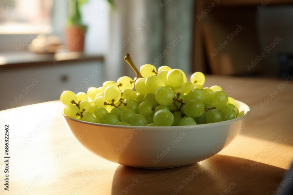 Bunch of green grapes in plate on the kitchen table in the bright morning light Bunch of green grapes in plate on the kitchen table in the bright morning light