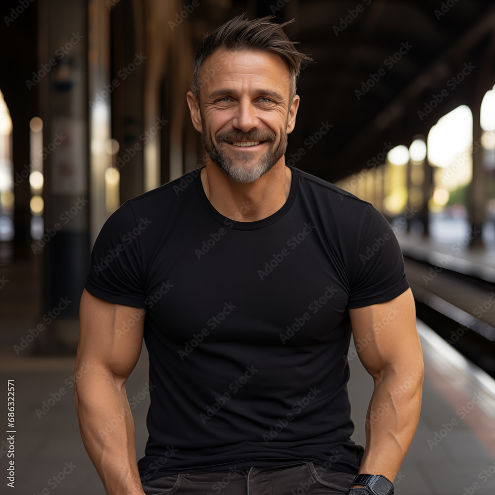 A handsome fit male age 40, wearing a plain blank cotton black relaxed-fit high crew-neckline t-shirt with blank space for design or logo placement A handsome fit male age 40, wearing a plain blank cotton black relaxed-fit high crew-neckline t-shirt with blank space for design or logo placement