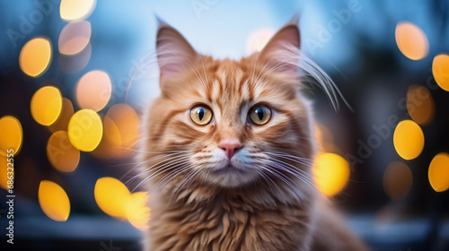 Cute innocent ginger cat against bokeh light background
