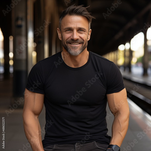 A handsome fit male age 40, wearing a plain blank cotton black relaxed-fit high crew-neckline t-shirt with blank space for design or logo placement © adogslifephoto
