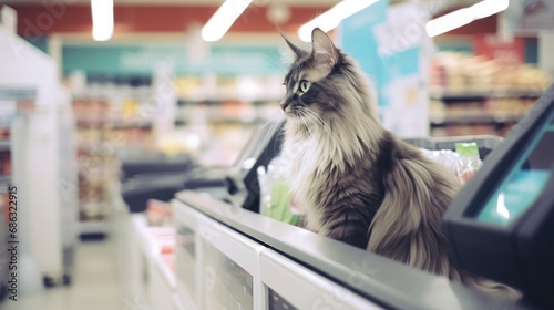 Cute cat in a supermarket. Generative AI