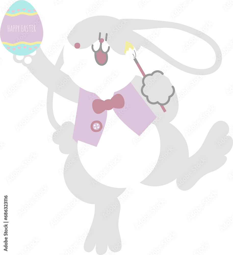 happy easter with bunny rabbit holding paintbrush and egg, flat png transparent cartoon character design happy easter with bunny rabbit holding paintbrush and egg, flat png transparent cartoon character design