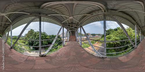 full seamless spherical 360 hdri panorama on iron steel frame construction of pedestrian crossing over the railway in equirectangular projection, ready for VR virtual reality content