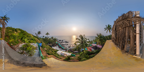 Fototapeta Naklejka Na Ścianę i Meble -  360 hdri panorama with coconut trees on ocean coast on mountain in equirectangular spherical seamless projection