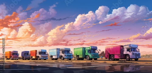 A lineup of colorful delivery trucks parked at a roadside rest area, taking a break on a long journey