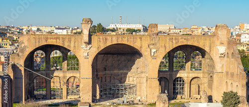 panoramic view from the palatine hill with detail of the ancient basilica of Maxentius, Rome, Italy photo