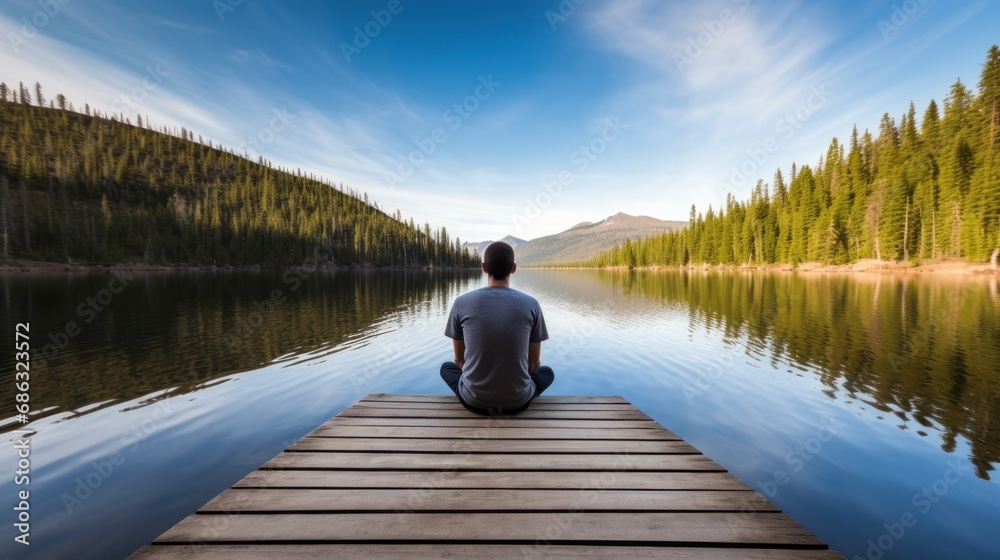 Tranquil woman meditates sitting in lotus pose on pier by calm river. Graceful lady contemplates picturesque autumn nature resting on lake bank. Improve mindfulness with relaxation practices