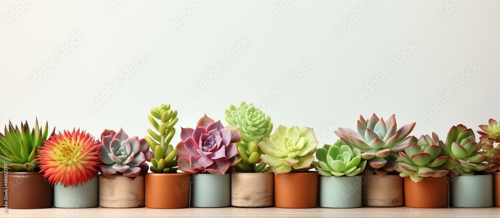 Various Echeveria Succulent house plants in pots on a white wooden background Representing home gardening and leisure time Close up view