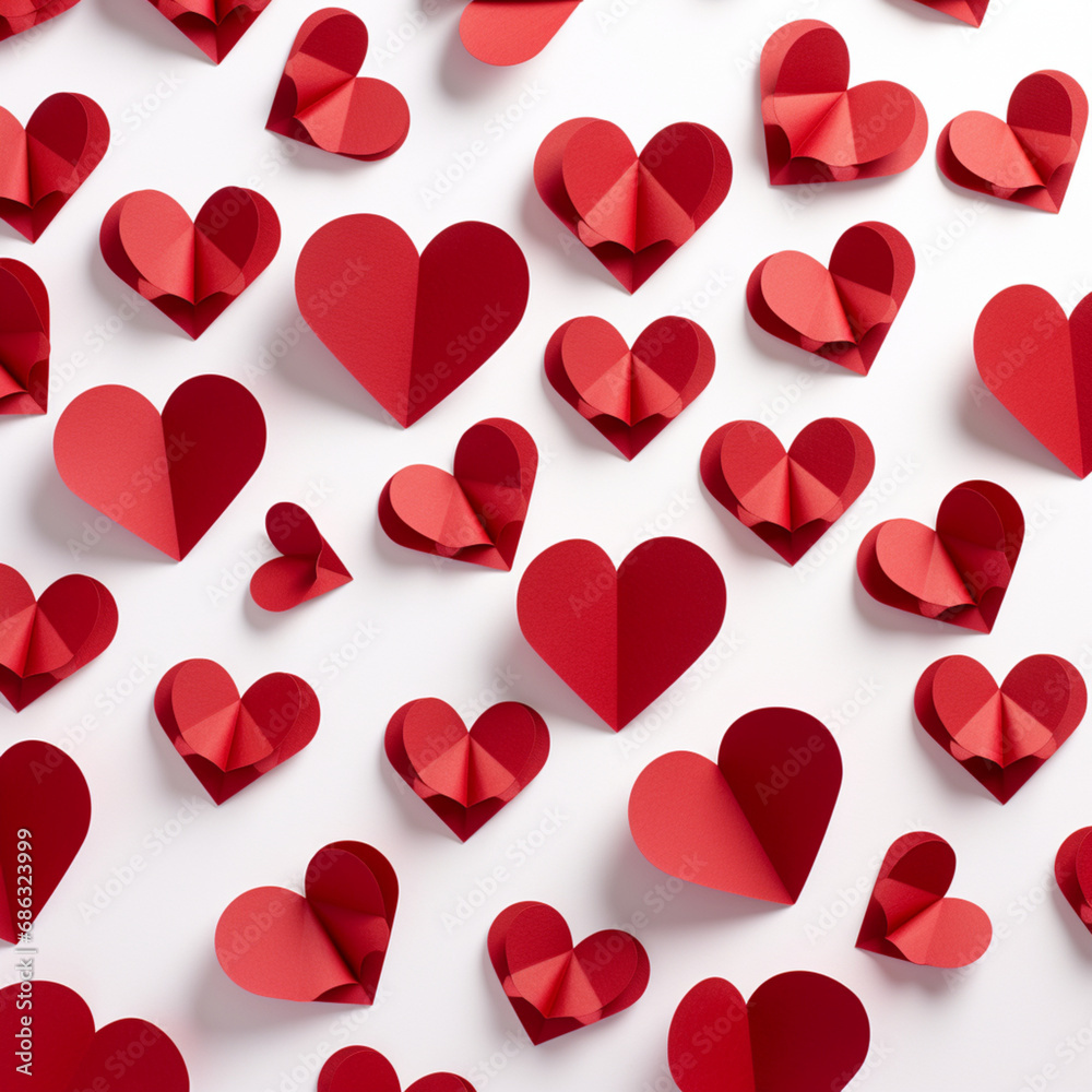 Fondo con detalle y textura de multitud de elementos de papel de color rojo, con forma de corazon, sobre fondo de tonos blancos, como simbolo de San Valentin