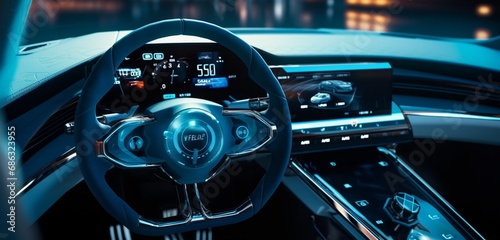 A close-up of a modern car's steering wheel, with intricate controls and a high-tech display © Shahrukh