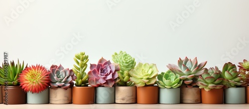 Various Echeveria Succulent house plants in pots on a white wooden background Representing home gardening and leisure time Close up view