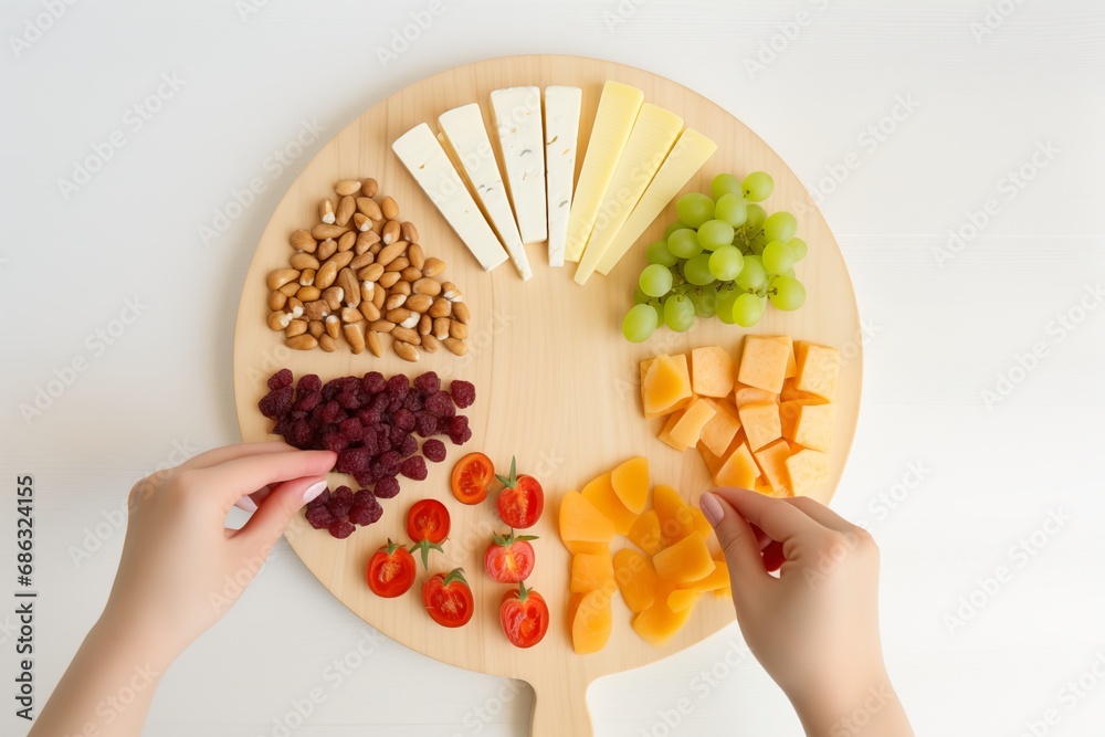 Obraz premium Top-View Cheese Plate with Nuts, Tomatoes, and Grapes on a White Tabletop