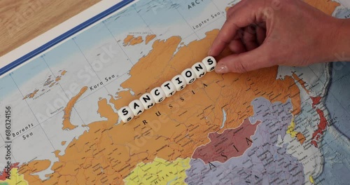 Map of Russia word sanctions and war to Ukraine photo
